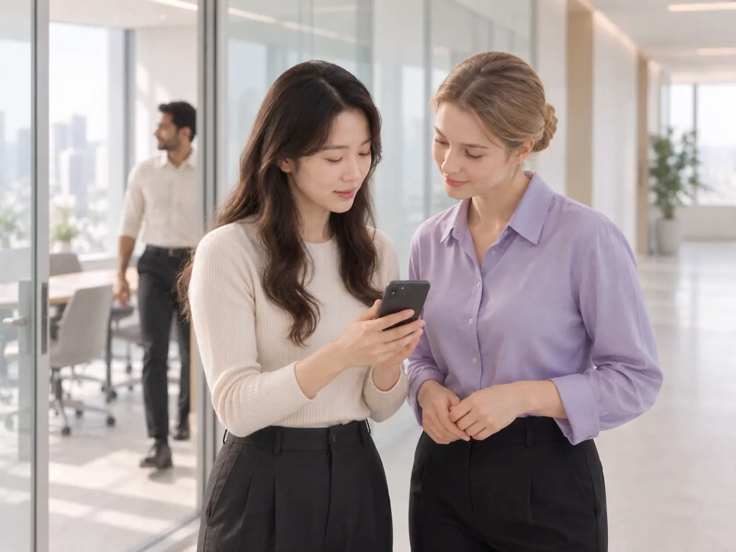 After the meeting, two colleagues check the notes on a phone in the hallway
